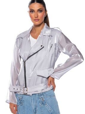 AKIRA Sheer Silver Moto Jacket - Women's Lightweight Biker Coat